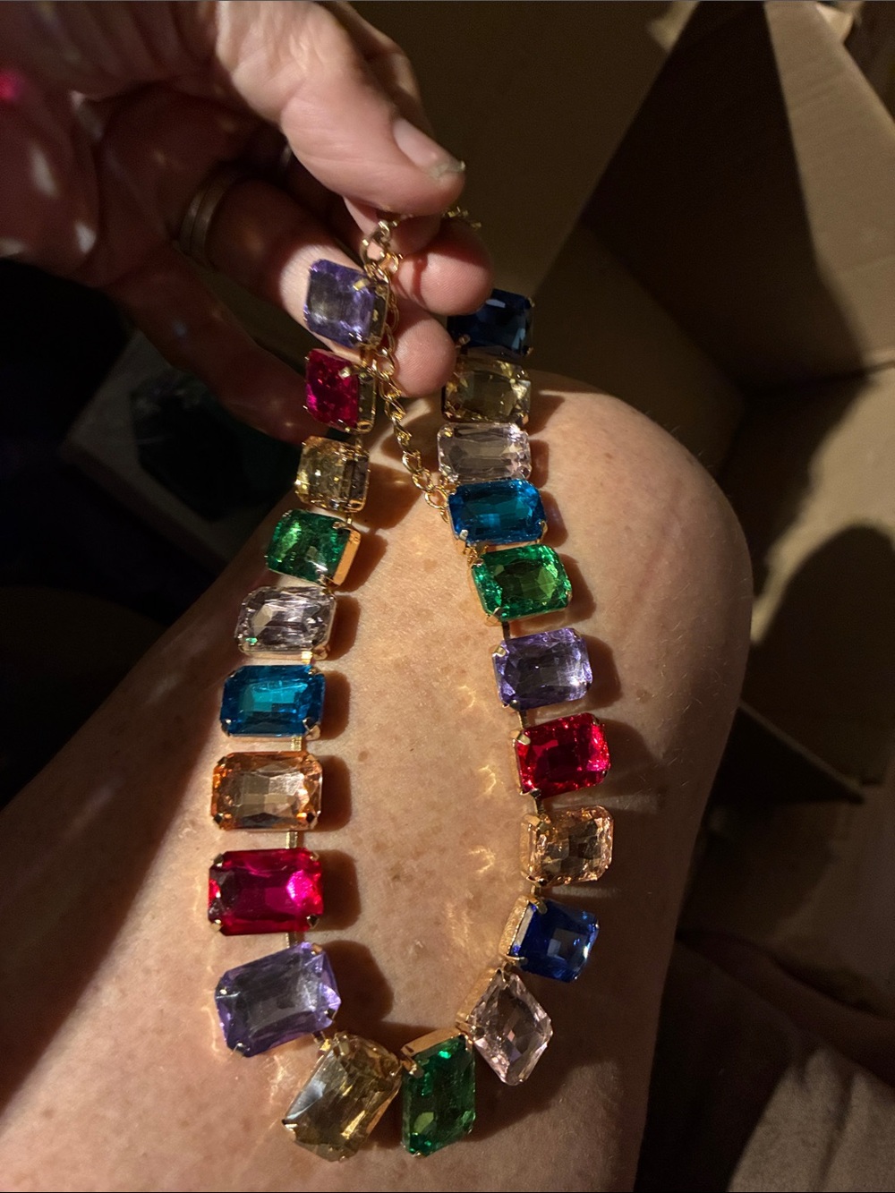 Gold-Tone Multicolor Crystal Statement Necklace - Vibrant Gem Colors